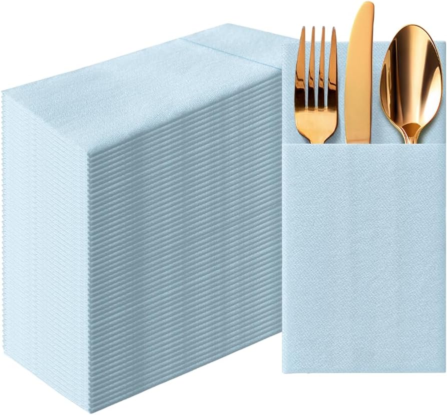 PAW - Baby Blue Linen Feel Napkins with Built-in Flatware Pocket, Airlaid Paper Pre-Folded Napkins for Silverware, Baby Shower, Gender Reveal, Wedding Party, Birthday, Monocolor, 50 Count