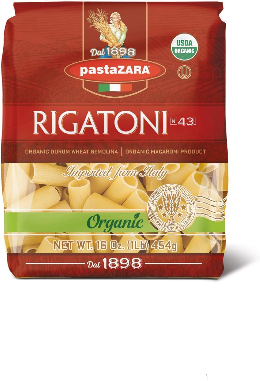PASTA ZARA - Rigatoni - Organic - 100% Italian Pasta, Made with Durum Wheat Semolina Flour, Non GMO, Kosher (1 LB. BAG) - Consistently al Dente.