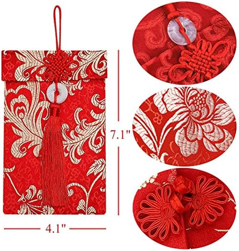 4 Pcs Silk Red Envelopes Lucky Money Pockets Hongbao Chinese Element Invitation Envelop for Wedding, New Year, Spring Festival