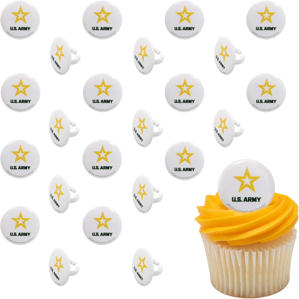 US Army Cupcake Toppers, 24 United States Army Official Logo Cupcake Rings, Food Safe U.S. Military Cake Decorations - 24 Pack