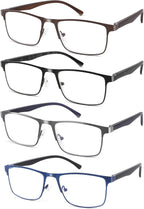 4-Pack Blue Light Blocking Reading Glasses for Men Stylish Metal Frame Readers with Comfort Spring Hinges Anti Glare UV Filter Eyeglasses, +2.0 STRENGTH