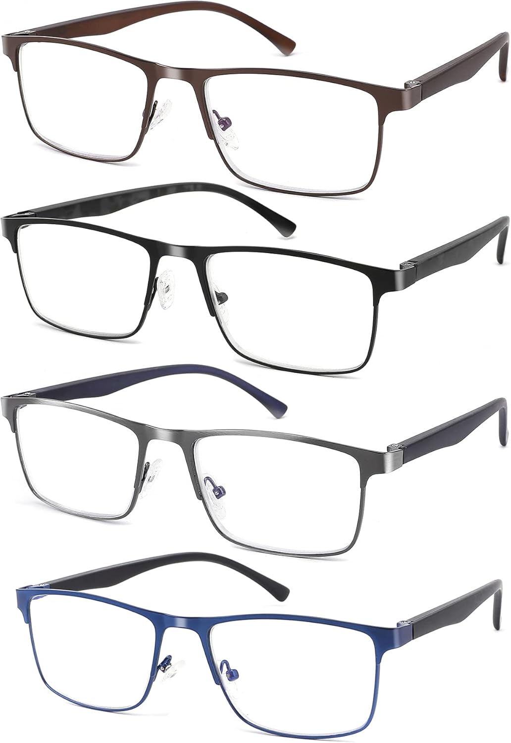 4-Pack Blue Light Blocking Reading Glasses for Men Stylish Metal Frame Readers with Comfort Spring Hinges Anti Glare UV Filter Eyeglasses, +2.0 STRENGTH