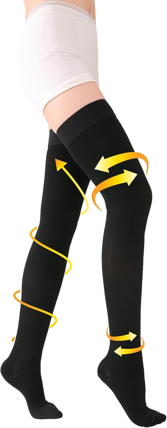 TOFLY® Medical Thigh High Compression Stockings for Women & Men, Closed Toe, Opaque, Firm 20-30mmHg Graduated Compression Socks with Silicone Band, Support for Varicose Veins, Edema, Travel,Black M