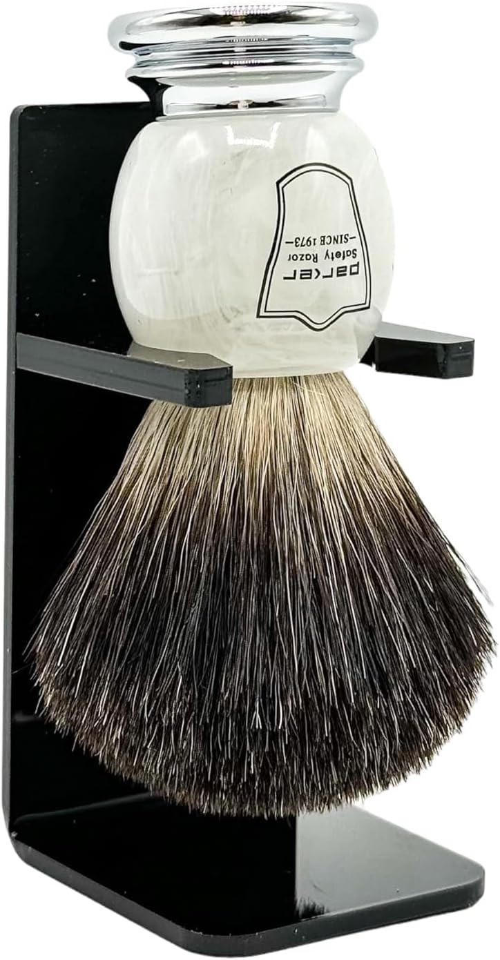 Parker 100% Black Badger Bristle Shaving Brush with Ivory Marbled Handle - Brush Stand Included