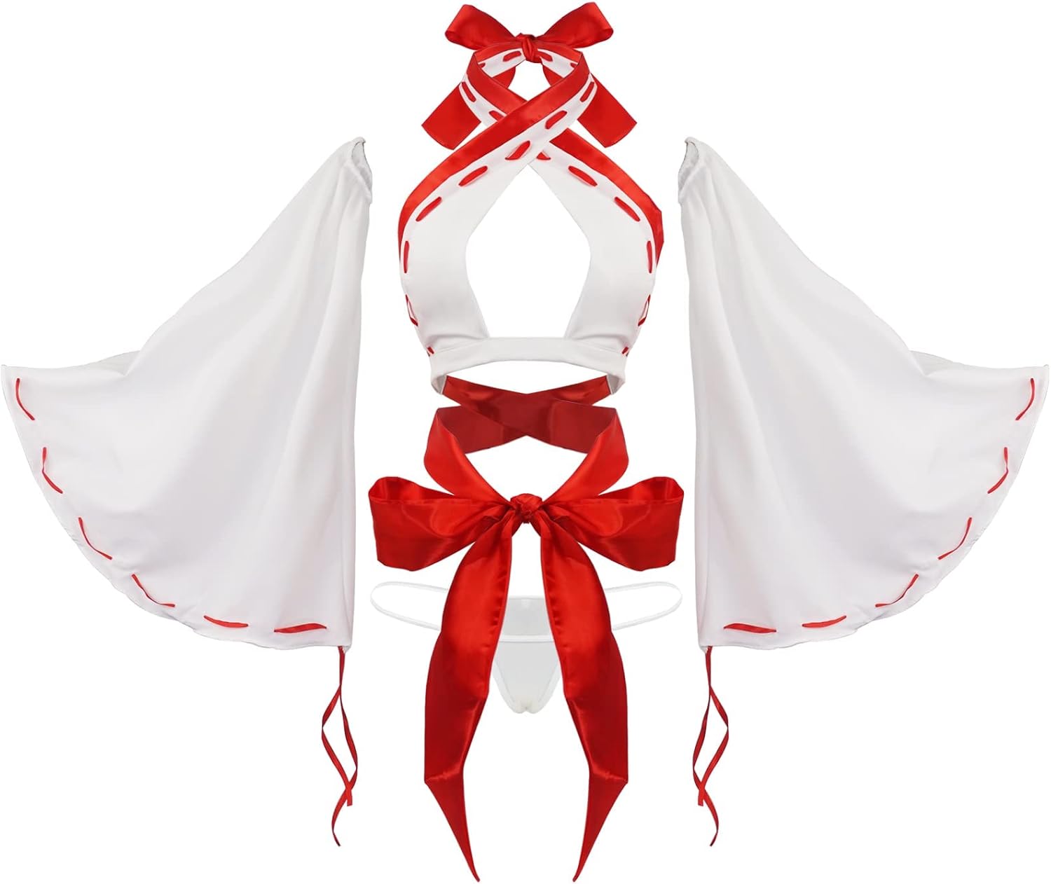 paloli Women Japanese Anime Miko Cosplay Outfit, Red And White Kimono Bra And Panty Set Witch Cosplay Costume