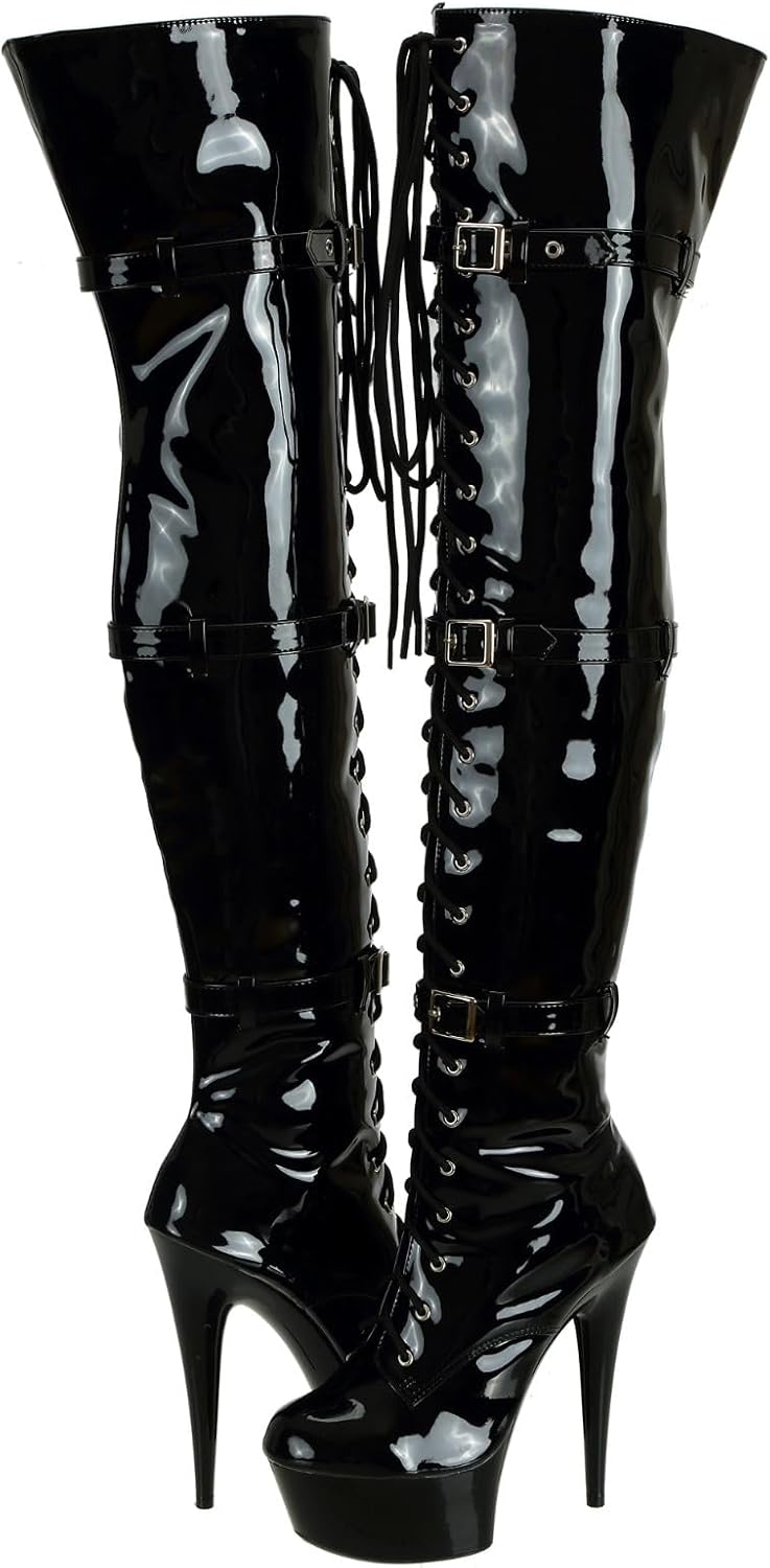 SheSole Ladies Patent Leather Thigh High 15CM Stiletto Heel Dancer Boots with Zipper Lace Up Club Party Cosplay Shoes