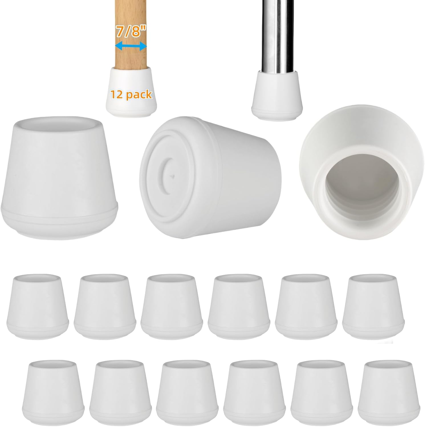 7/8" Chair Leg Tips Caps, Non-Slip Rubber Leg Tips, Stool Leg Protectors Cap, Folding Metal Chair Leg Tip Replacement, Chair Leg Floor Protectors Round White, 12 Pack