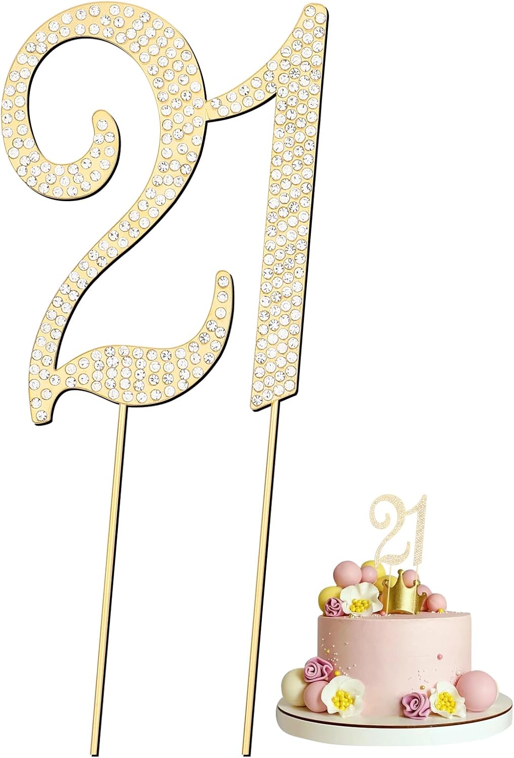 Number 21 Birthday Cake Topper, Alloy Crystal Rhinestones Cake Topper Cake Decoration for 21th Birthday or Anniversary Party (Gold)