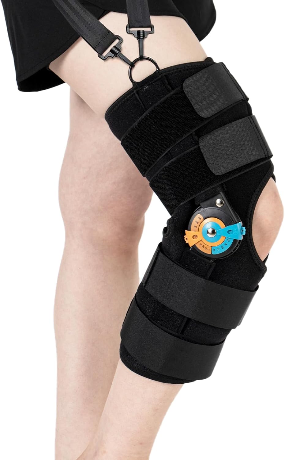 Hinged ROM Knee Brace Adjustable Knee Immobilizer Support for Knee Pain ACL MCL PCL Arthritis Meniscus Tear Post OP Recovery for Men and Women Side Stabilizers Torn Meniscus Orthopedic Orthosis (Upgraded - with Shoulder Strap, Large)