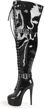 VERISSON Womens Platform High Heel Thigh High Boots Stiletto Heel Wide Calf Over the Knee Boots Round Toe Lace up Zipper with Buckle Patent Leather Dress Punk Shoes