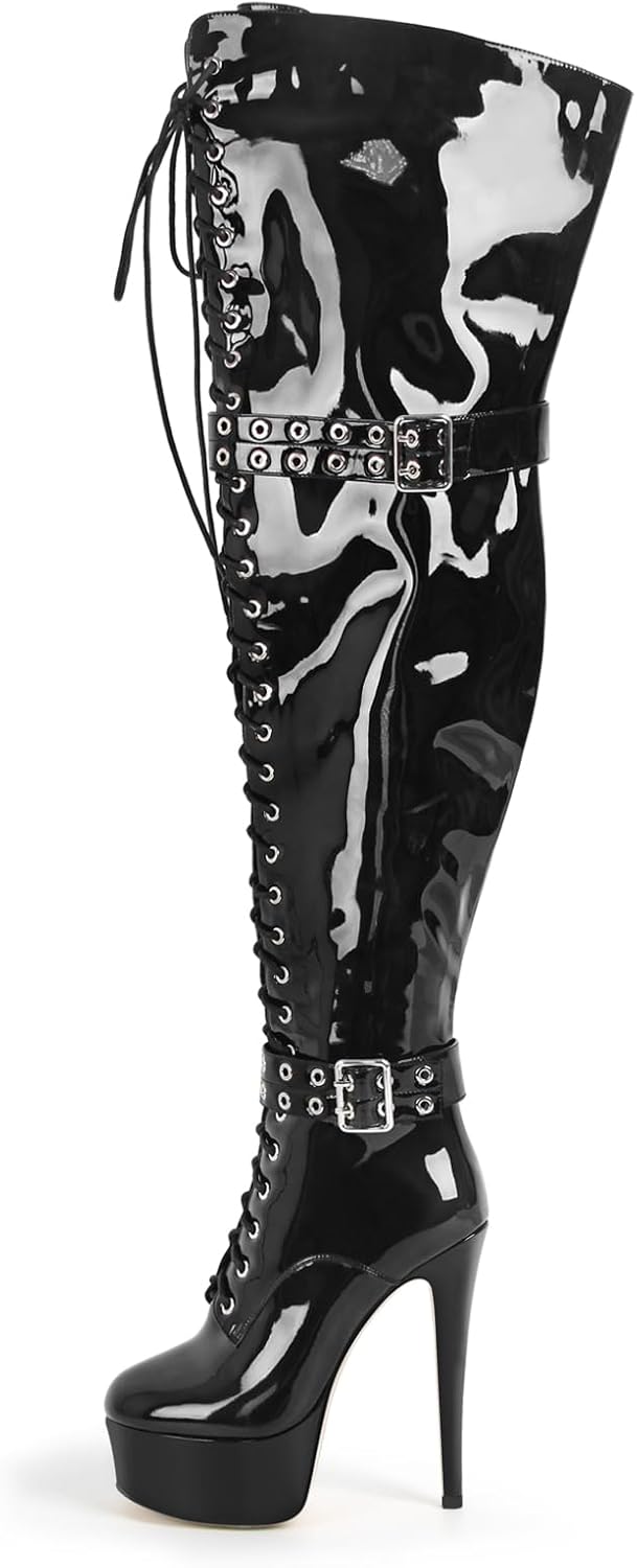 VERISSON Womens Platform High Heel Thigh High Boots Stiletto Heel Wide Calf Over the Knee Boots Round Toe Lace up Zipper with Buckle Patent Leather Dress Punk Shoes