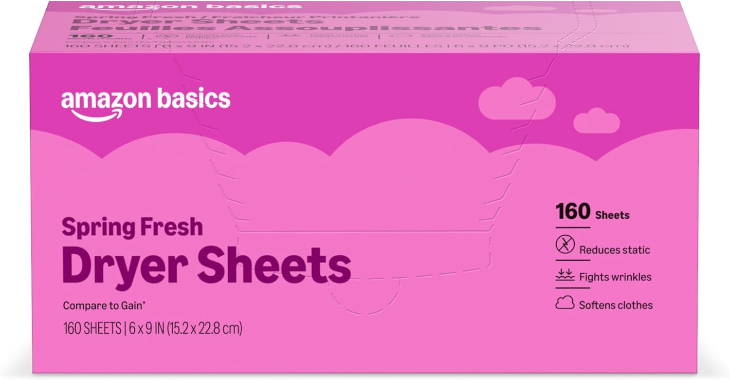 Amazon Basics Dryer Sheets Laundry Fabric Softener, Spring Fresh Scent, Reduces Static, Static Control, 160 Count
