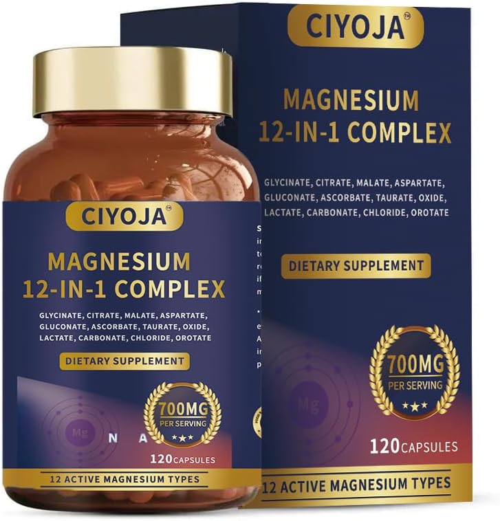 12-in-1 Magnesium Complex for Women Men: Magnesium Glycinate 700mg with Citrate, Malate Taurate Chelated Forms - High Absorption Magnesium Supplement for Relaxation Muscle Heart - 120 Vegan Capsules