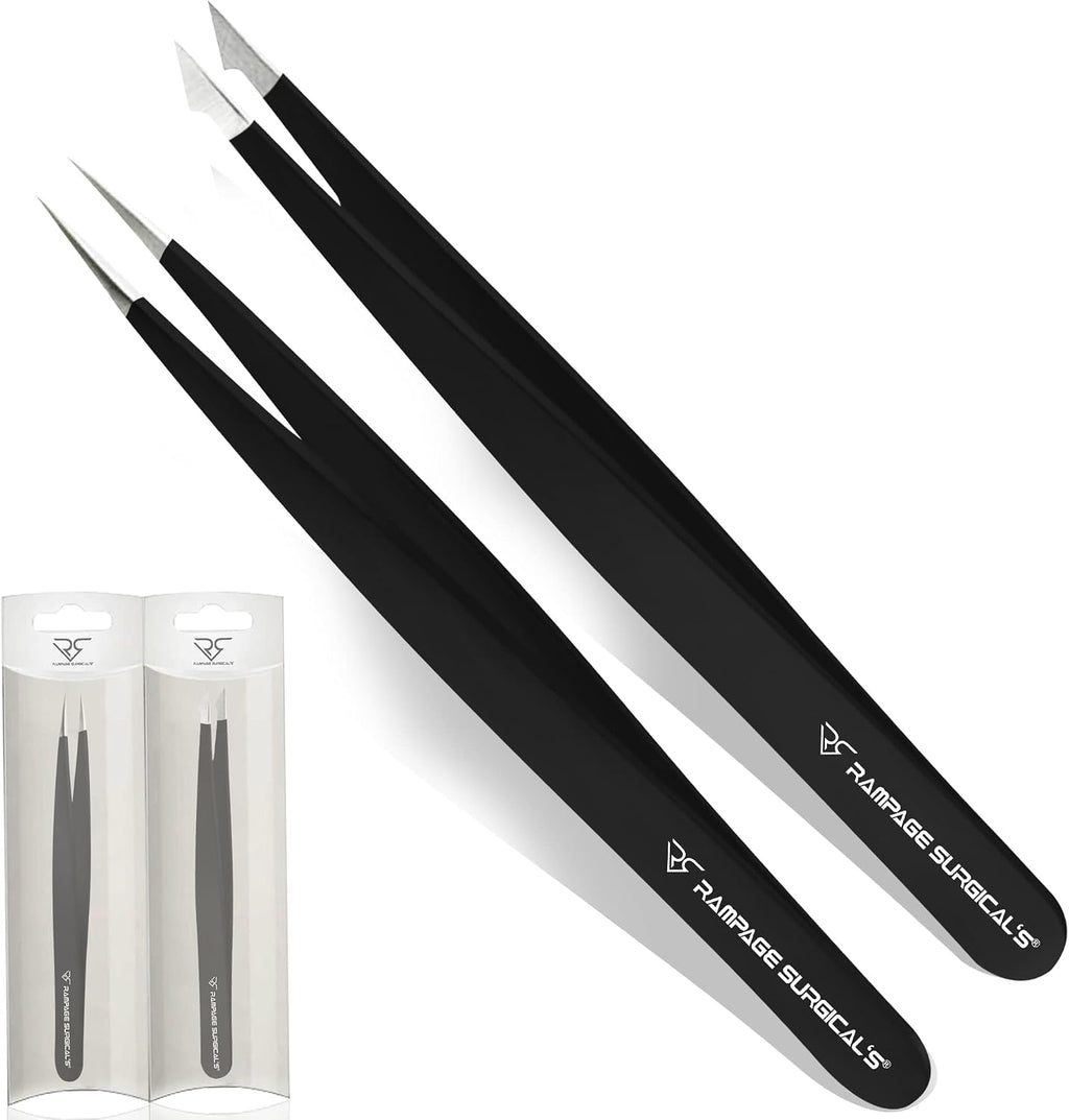 Professional Tweezers Pointed & Slanted for Eyebrow Stainless Steel 2, Pcs Set, Pointed Slant Tip Tweezers for Facial Hair, Plucking Removing Ingrown Hairs, Tweezer for Women Men (Black)