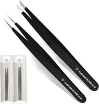 Professional Tweezers Pointed & Slanted for Eyebrow Stainless Steel 2, Pcs Set, Pointed Slant Tip Tweezers for Facial Hair, Plucking Removing Ingrown Hairs, Tweezer for Women Men (Black)
