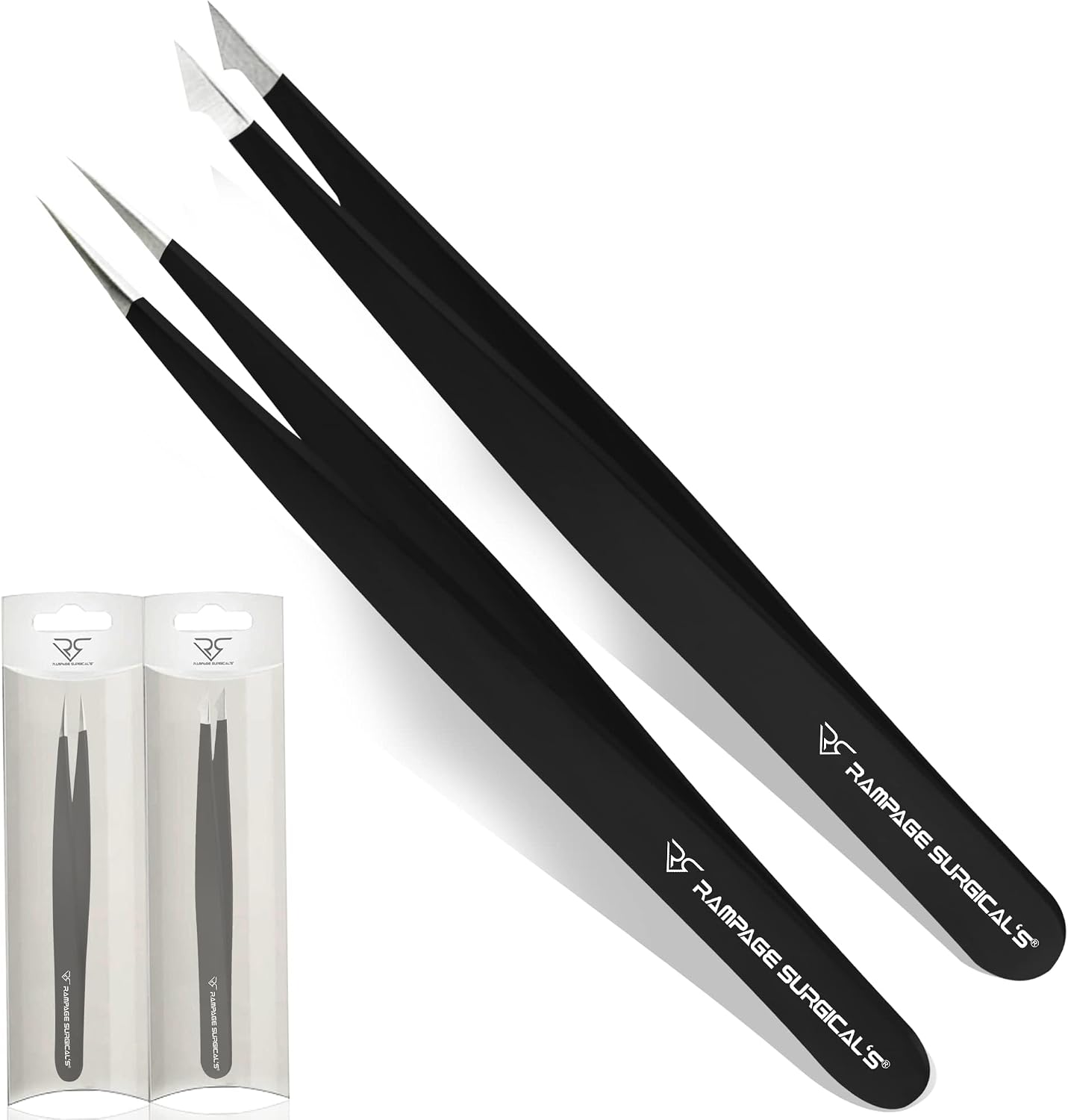 Professional Tweezers Pointed & Slanted for Eyebrow Stainless Steel 2, Pcs Set, Pointed Slant Tip Tweezers for Facial Hair, Plucking Removing Ingrown Hairs, Tweezer for Women Men (Black)
