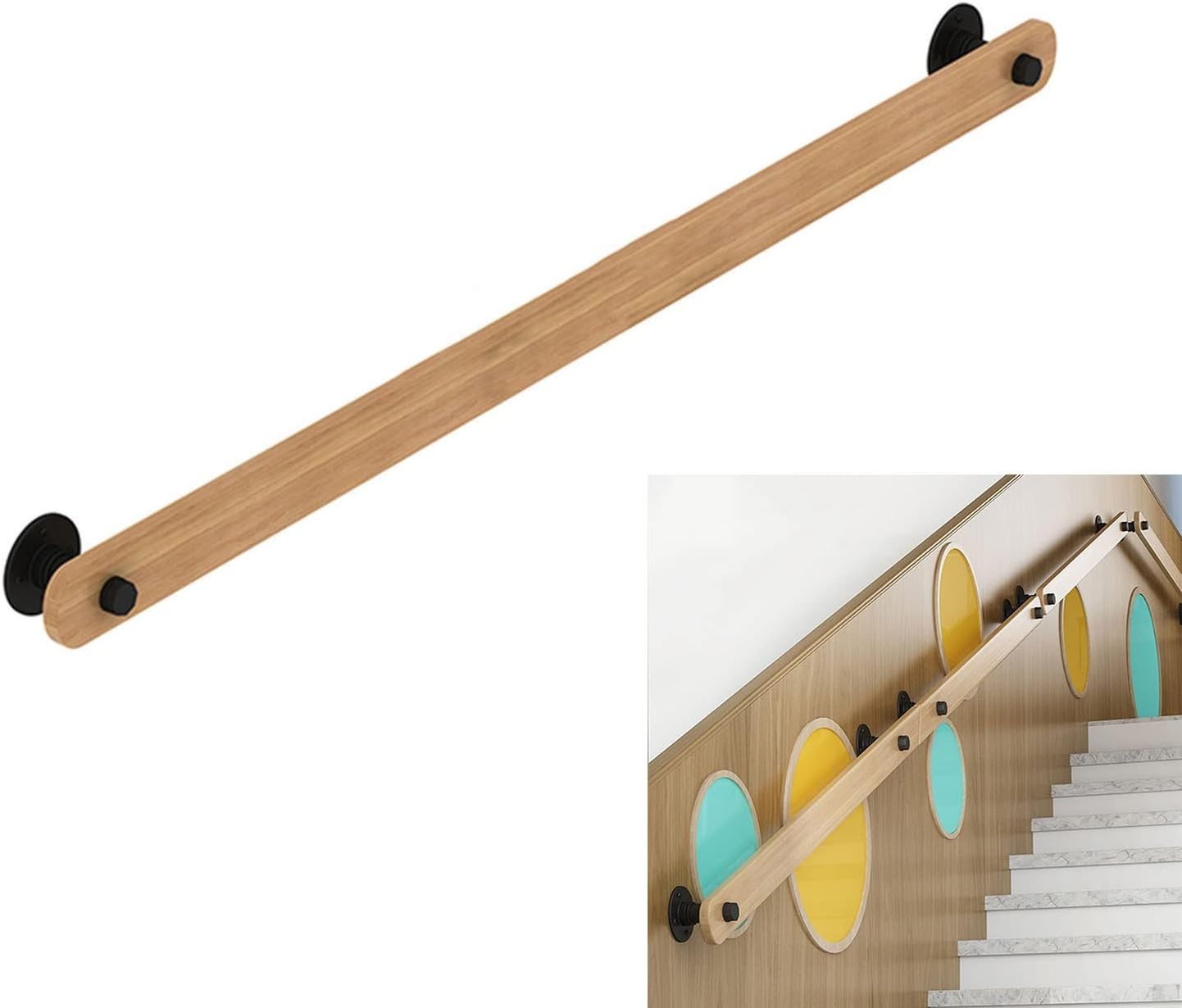 1Ft-20Ft Wood Stair Handrails with Wrought Iron Brackets Fitting, Home Against The Wall Safety Banister Kit Loft Elderly Railing Handrail Corridor Support Rod/14Ft/420Cm