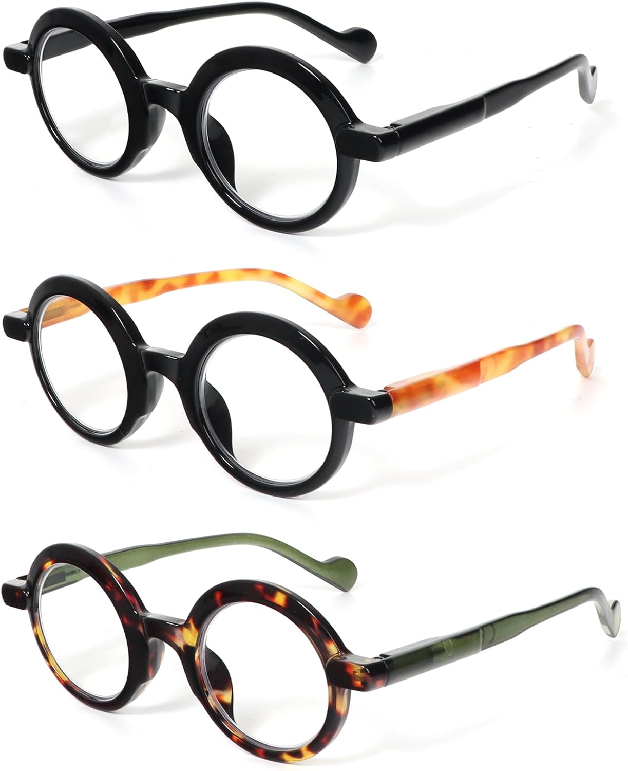 DXYXYO 3 Pack Round Reading Glasses for Women and Men, Stylish Spring Hinge Readers Blue Light Blocking