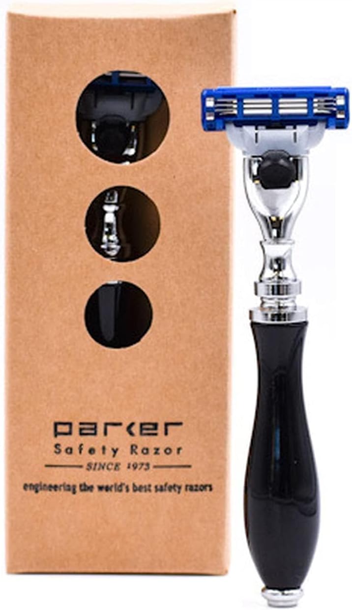Parker Deluxe Gillette Mach 3 Compatible Razor For a Close Shave – Premium Black Resin Handle with Chrome Trim – One Gillette Mach 3 Triple Blade Cartridge Included