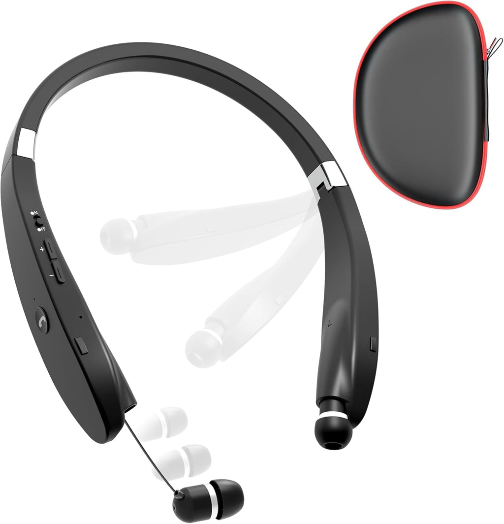Bluetooth Neckband Headphones, Dpvisn Foldable Wireless Lightweight Neck Headset with Retractable Earbuds, Noise Cancelling Sweatproof Stereo Earphones with Mic & Carrying Case (Black)