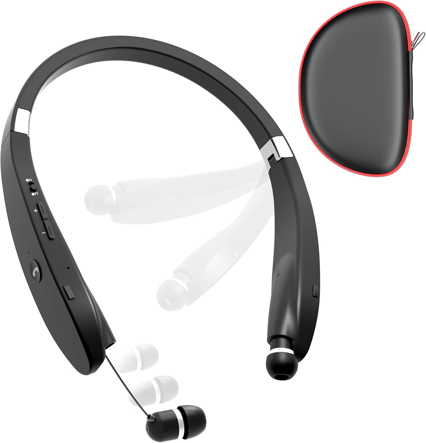 Bluetooth Neckband Headphones, Dpvisn Foldable Wireless Lightweight Neck Headset with Retractable Earbuds, Noise Cancelling Sweatproof Stereo Earphones with Mic & Carrying Case (Black)