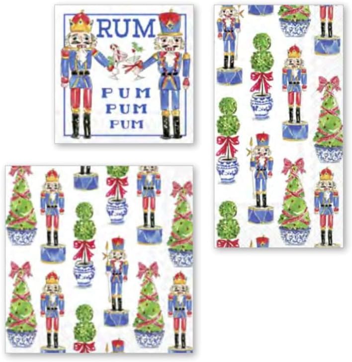 IHR Ideal Home Range Party Napkins Rosanne Beck Holiday Collection Disposable 3-Ply Paper Lunch Napkin Pack, 6.5" x 6.5", Nutcrackers & Topiary, 20-Count