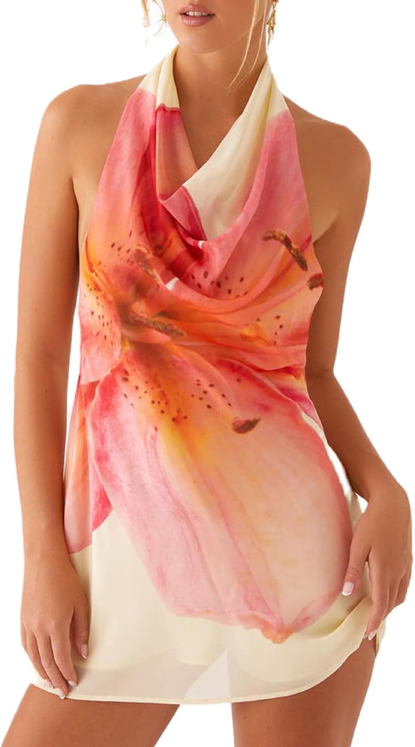 Women Halter Low Neck Mini Dress Sexy Cutout Sleeveless Boho Short Dresses Open Back Night Party Going Out Sundress