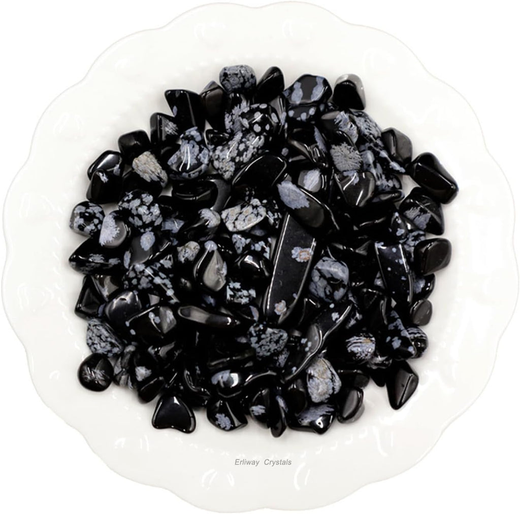 Erliway 100g Natural Snowflake Obsidian Crystal Chips, 7-9mm Tumbled Chips Crushed Crystal Stone, Polished Crystal Chip for Fish Tank, Healing Tumbled Crystal Chip for Reiki Jewelry Making Home Décor