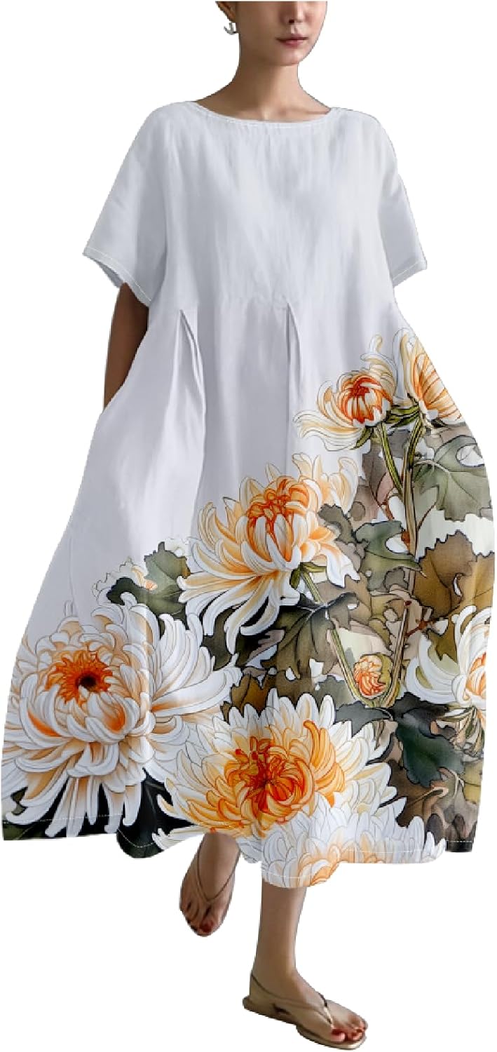 domirica Cotton Linen Dress Floral Print Casual Loose Short Sleeve Crew Neck Maxi Ladies Flowy Summer Long Dresses