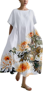 domirica Cotton Linen Dress Floral Print Casual Loose Short Sleeve Crew Neck Maxi Ladies Flowy Summer Long Dresses