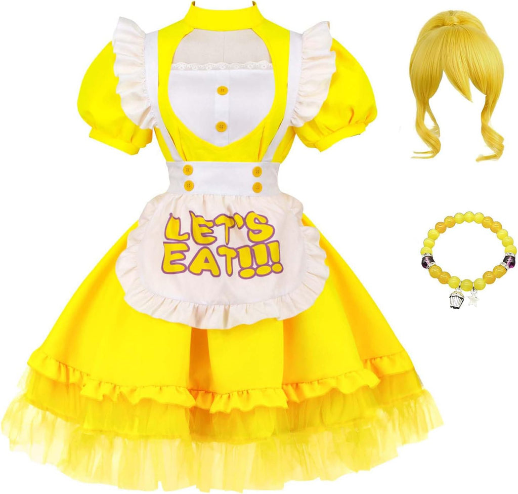 Womens Yellow Maid Apron Lolita Fancy Dress Uniform Outfits with Bracelets for Halloween