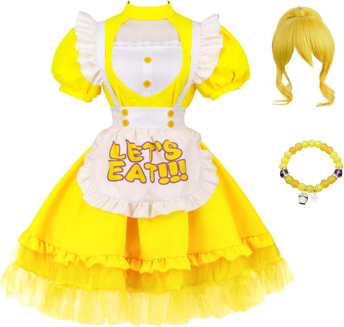 Womens Yellow Maid Apron Lolita Fancy Dress Uniform Outfits with Bracelets for Halloween