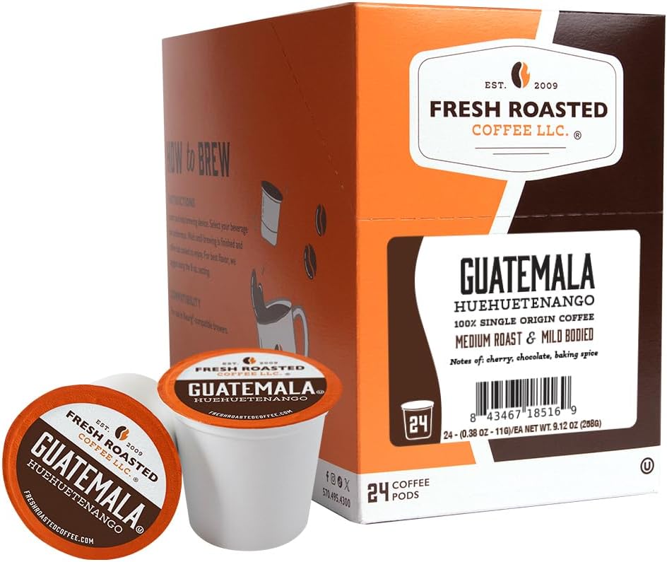 Fresh Roasted Coffee, Guatemala Huehuetenango, Medium Roast, 24 Pods for K Cup Brewers