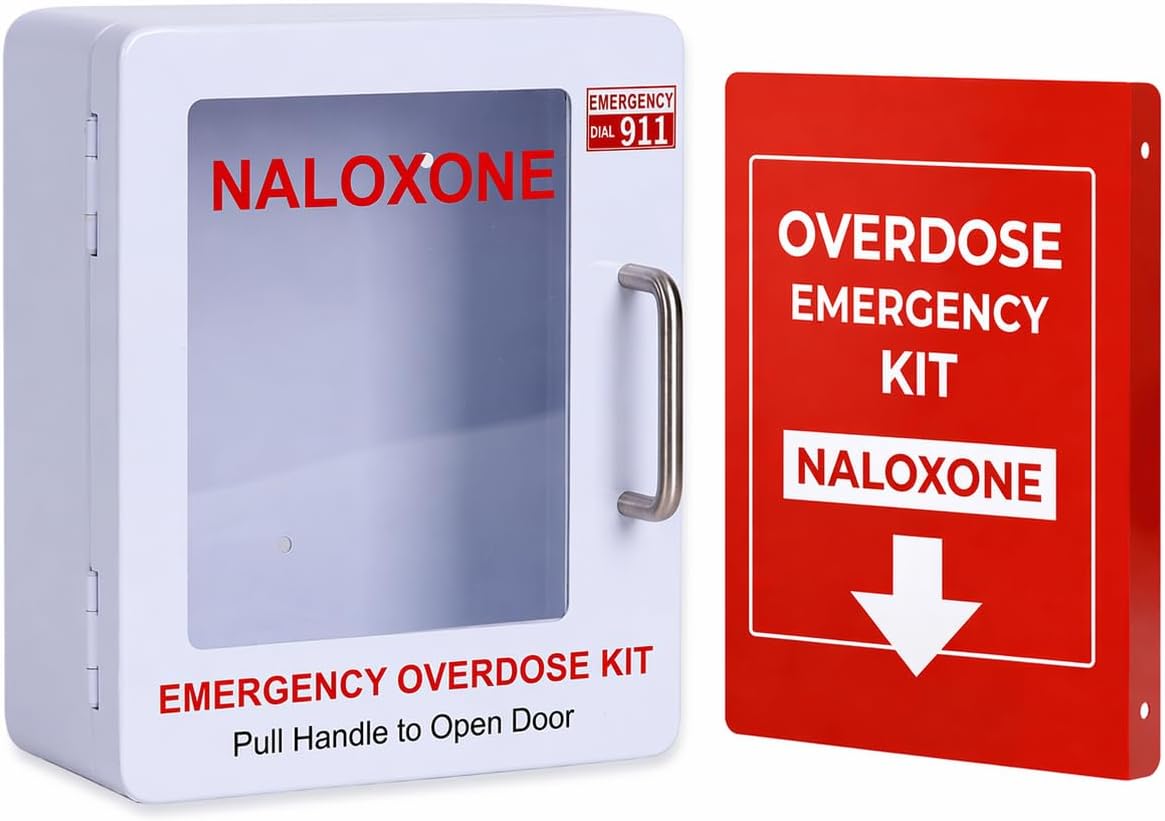 Naloxone Overdose Emergency Kit Cabinet - Emergency Sign Included - No Alarm or Lock | Designed for Wall Mount & Public Access (No Alarm, White)