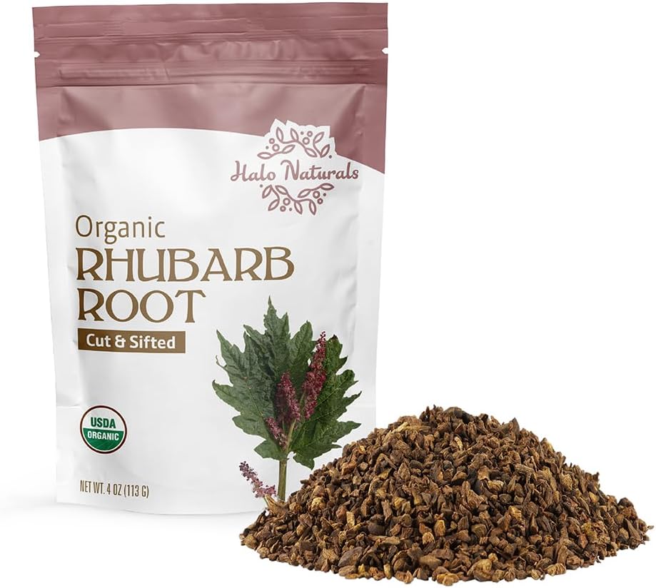 Halo Naturals Organic Rhubarb Root Cut & Sifted, 4 Ounces (Rheum palmatum) USDA Certified | Resealable Pouch| Packaged in The USA