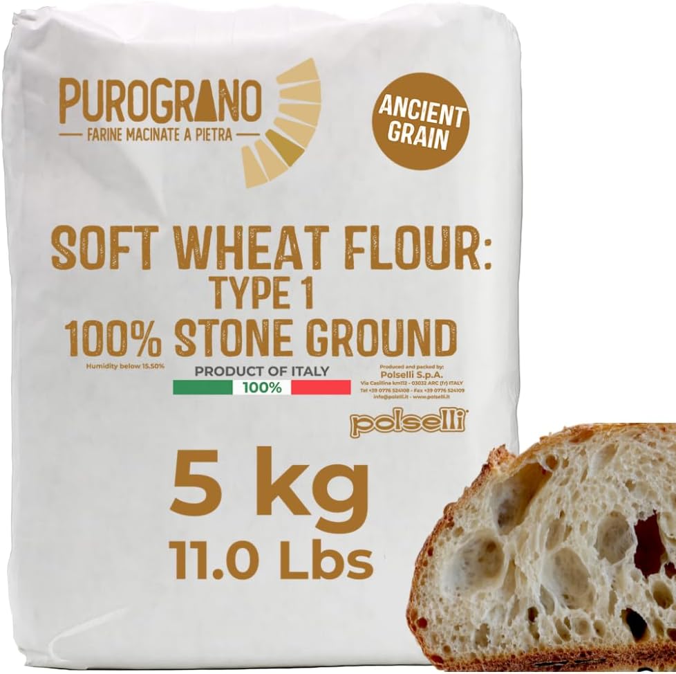 Polselli, PuroGrano, 100% Stone Ground, Type 1 Soft Wheat Flour, Bread flour– 5kg (11 lb), Ancient Italian Grain – Ideal for Sourdough Bread & Artisan Baking – Imported from Italy, Polselli. Unbleached, unbromated and no additives