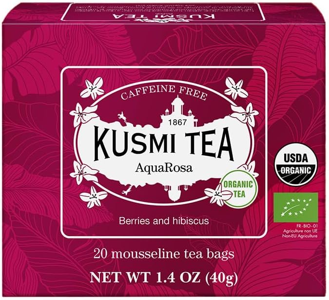 Kusmi Tea - AquaRosa - Organic Herbal Tea with Hibiscus & Berries - Caffeine Free Herbal Tea - Enjoy Hot or Iced - 20 Tea Bags