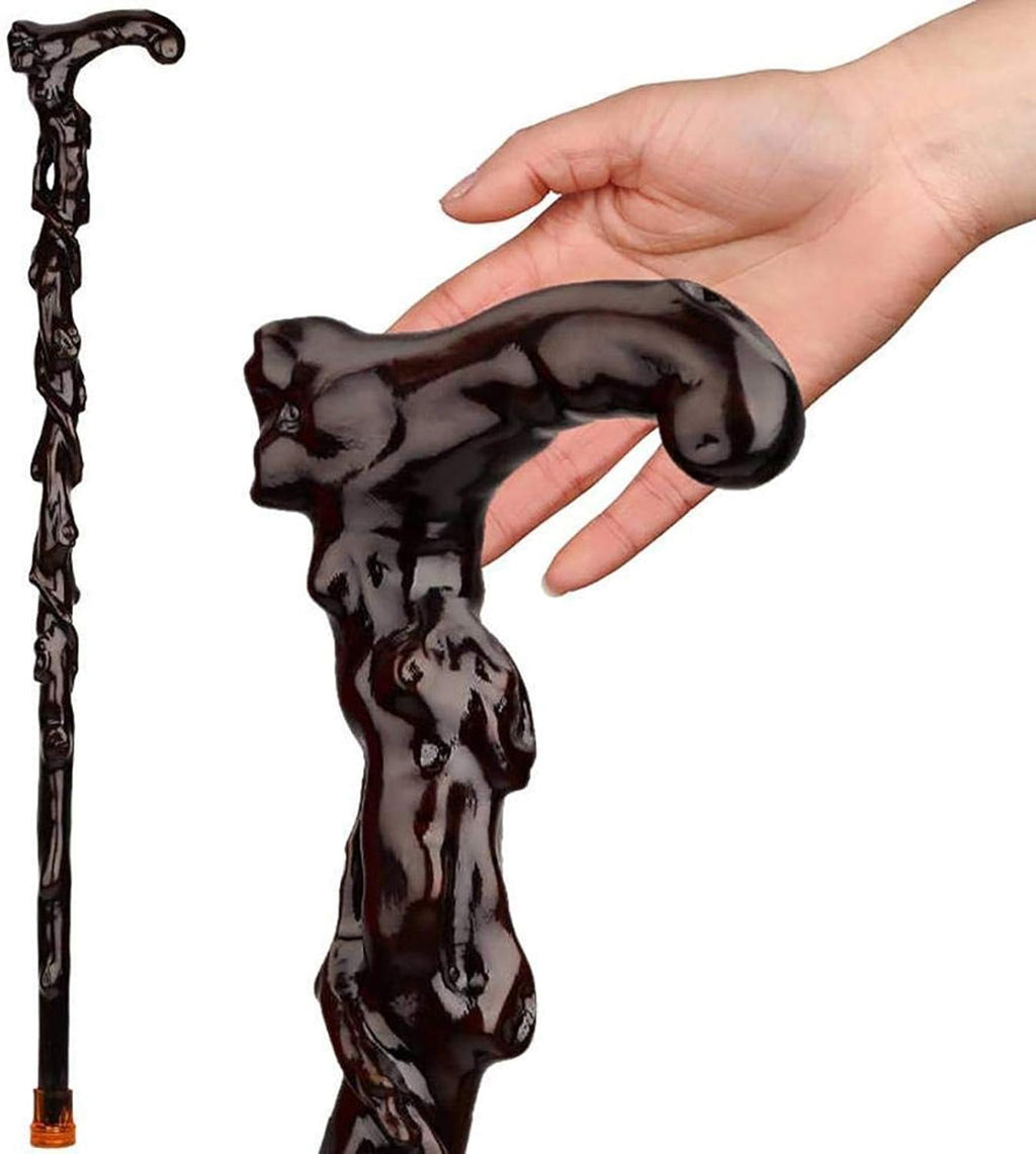 Wooden Walking Cane, Fashionable Crutch for Men and Women, Wood Cane with Carved Grip Handle, Exquisite Carving Walking Sticks as Gift, Retro, Ergonomic, Handmade (Brown2)