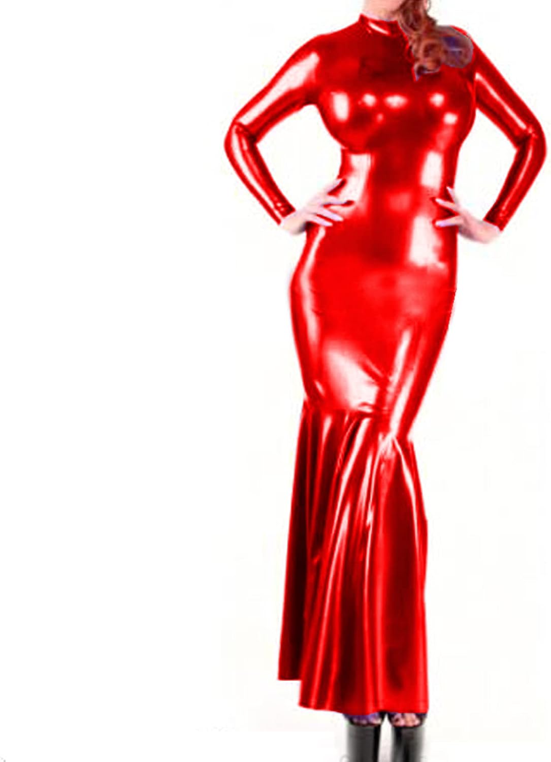 Sexy Latex Gown Long Sleeves Rubber Dress Faux Leather PVC Party Club slim bag hip fishtail dress Outfits long dresses,Red,L