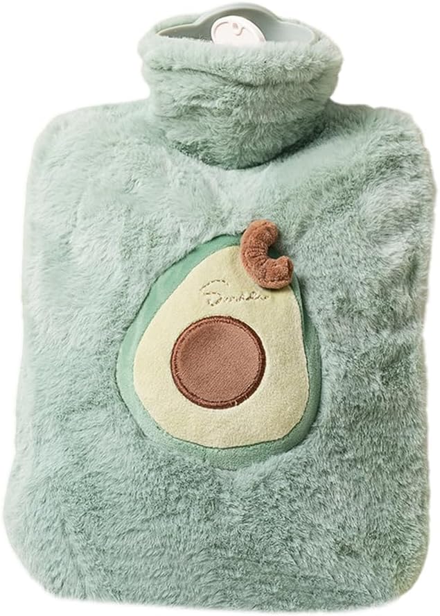 Cute Hot Water Bottles, 1L (34oz) Durable Large Hot Water Bag with Cartoon Fruit Faux Fur Plush Cover for Hot and Cold Compress Hand Feet Warmer Thickened Hand Warmer for Neck and Shoulder