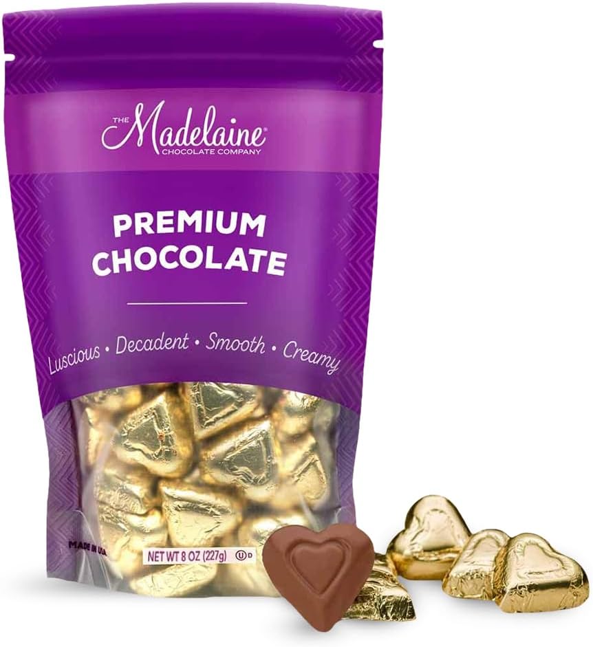 Madelaine Milk Chocolate Mini Hearts - Valentines Day Gift for Her & Him - 30 Individually Wrapped in Gold Foil Candy - Valentines Day Candy Decorations - 8oz