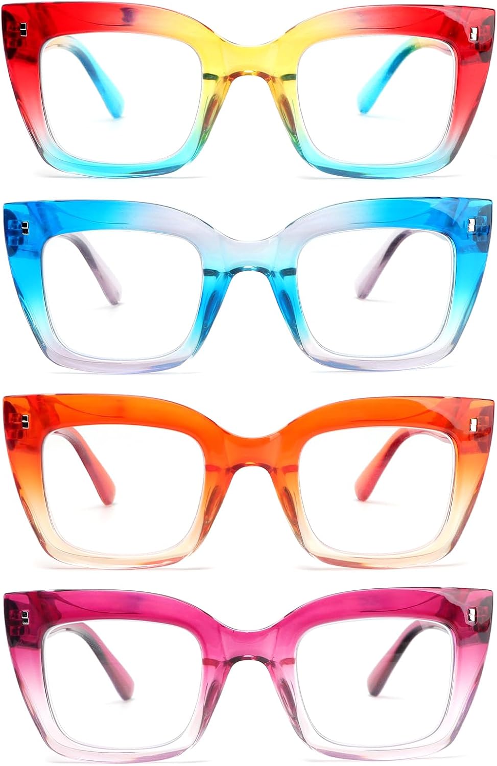 MMOWW 4 Pack Fashion Square Reading Glasses for Women Men Blue Light Blocking Readers with Spring Hinges