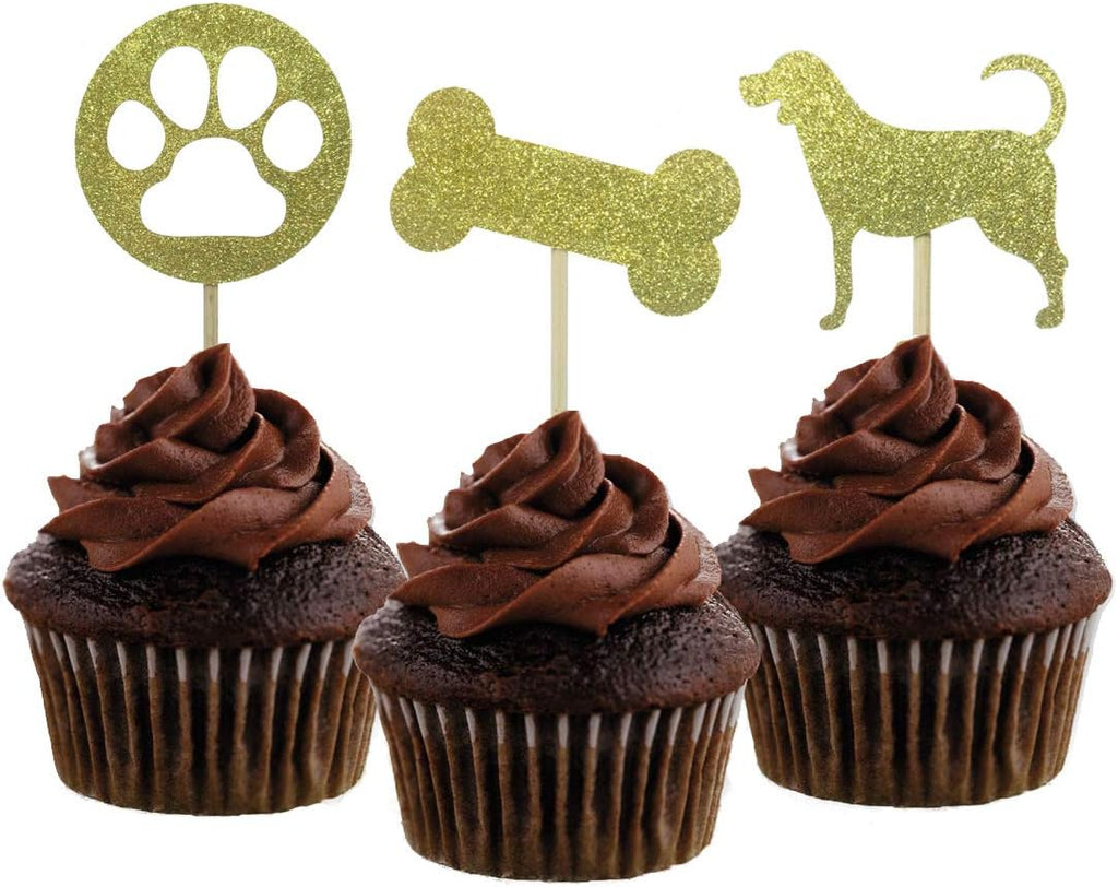 Morndew 24 PCS Gold Glitter Dog Palm and Bone Cupcake Toppers for Baby Shower Birthday Party Wedding Party Decorations