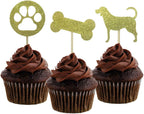 Morndew 24 PCS Gold Glitter Dog Palm and Bone Cupcake Toppers for Baby Shower Birthday Party Wedding Party Decorations
