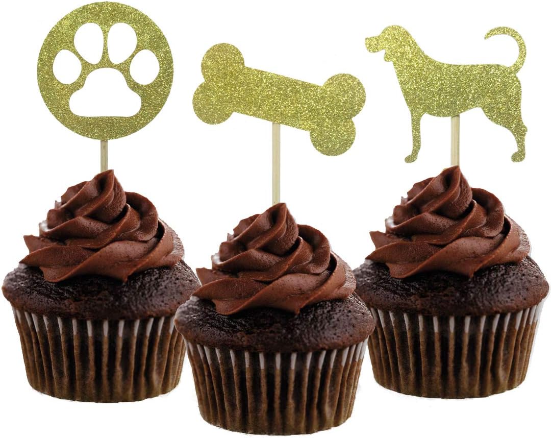Morndew 24 PCS Gold Glitter Dog Palm and Bone Cupcake Toppers for Baby Shower Birthday Party Wedding Party Decorations