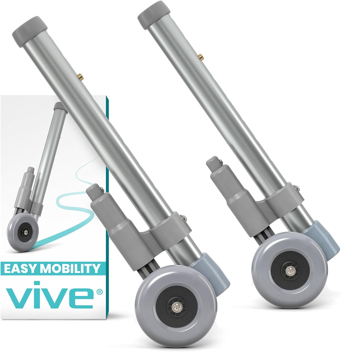 Vive Walker Wheels with Brakes - Mobility Aid Equipment for Seniors - Replacement Parts for Back Stability Safety - 3 Inch Rear Glide Rubber Wheel - Swivel/Lock Universal Adjustable Design