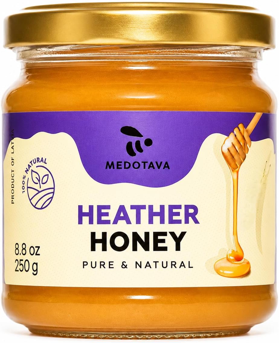 Medotava Heather Honey | 100% Raw and Unfiltered | European Union Organic Certified | No Additives, No Preservatives, No Added Sugar | Hand Harvested | Eco-Friendly Glass Jar | Creamed | 8.8 oz