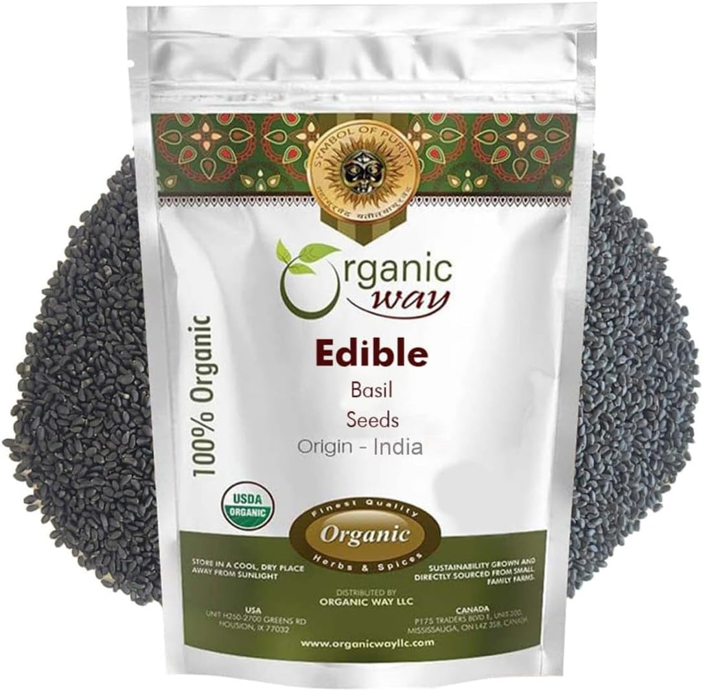 Organic Way Edible Basil Seeds | Organic & Kosher Certified | Sabja Seeds Rich in Fibers | Raw, Vegan, Non GMO & Gluten Free | USDA Certified | Origin - India (16 Ounce Pack)