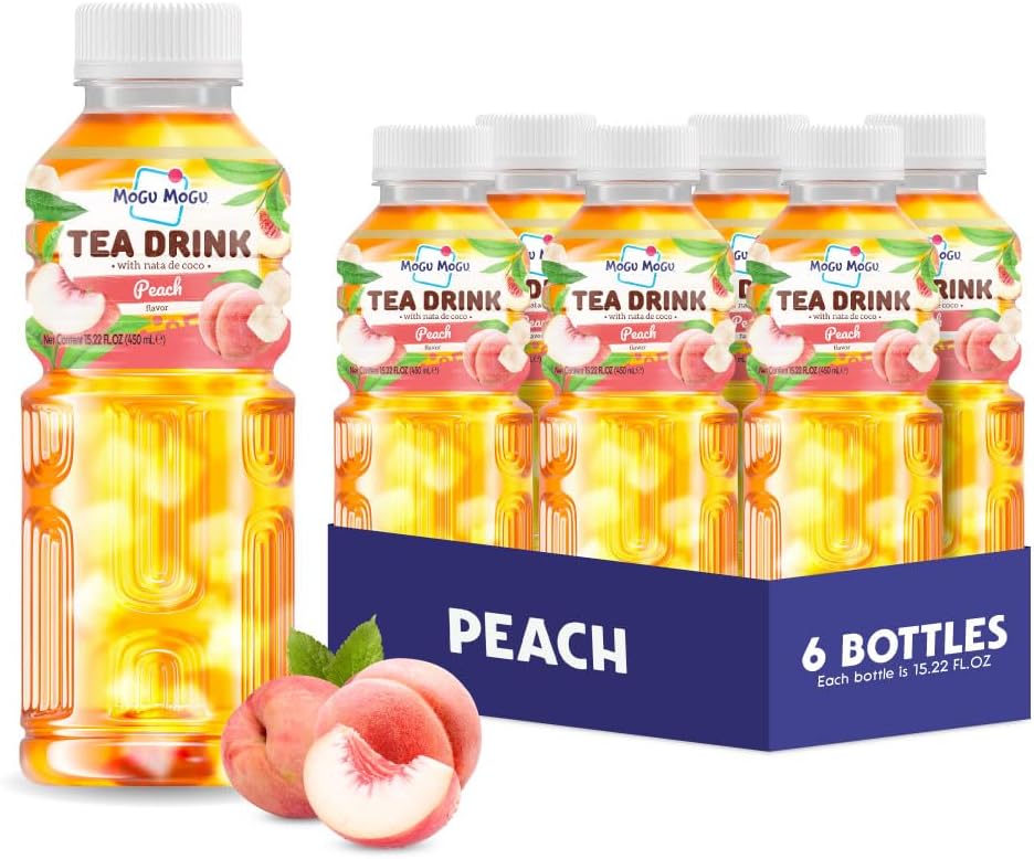 Mogu Mogu Peach Iced Tea with Nata de Coco (Coconut Jelly) – Chewy Bubble Tea Alternative, Refreshing Drink, 6 Pack Bottles, 15.3 fl oz Each