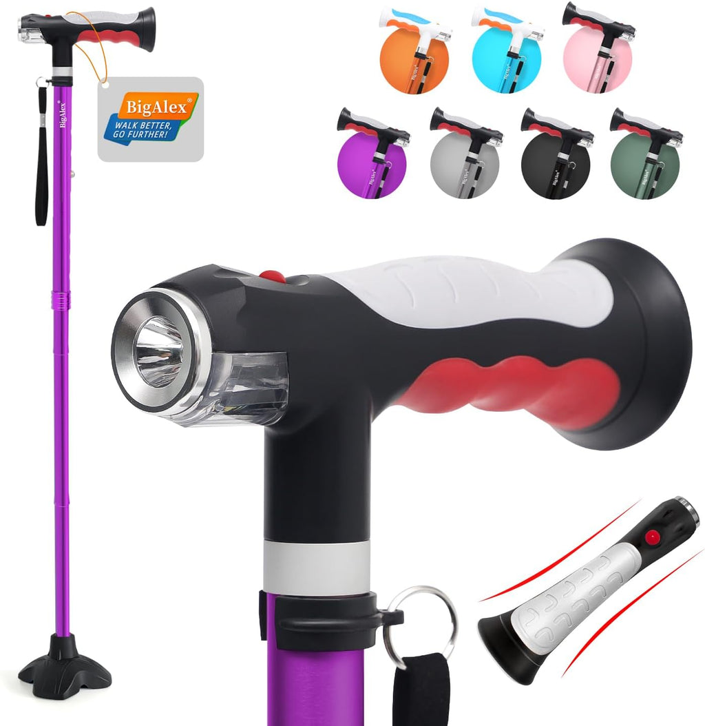 BigAlex Folding Walking Cane with Two Led Lights for Elderly Solid Base Adjustable Walking Stick with Carrying Bag for Men Women